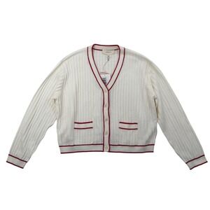 THE GREAT Athletic Knit Cardigan Womens LRG Ivory Retro Ribbed Button Front NWT